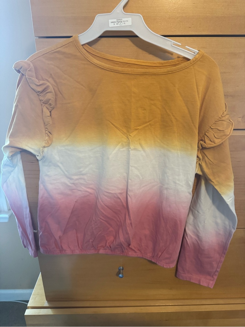 Girls' size 16 Tea Ombre Ruffle Sleeve Long-Sleeve Top - Mustard, White & Pink